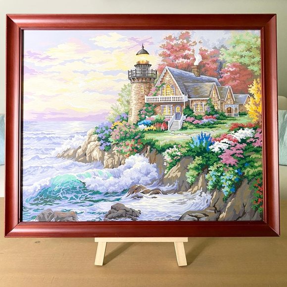 Framed Watercolor Painting Of A Lighthouse And A House By...